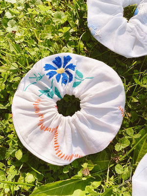 Vintage Embroidered Linen Scrunchies