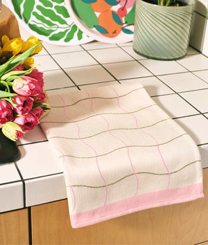 Wave Grid Cotton Tea Towel - Pink