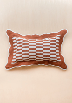 Scalloped Rust Checkerboard Cotton Cushion